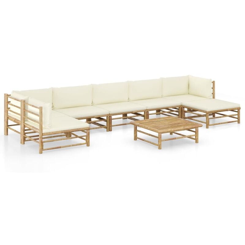 

Set de muebles de jardín 8 piezas bambú y cojines blanco crema - Marrón