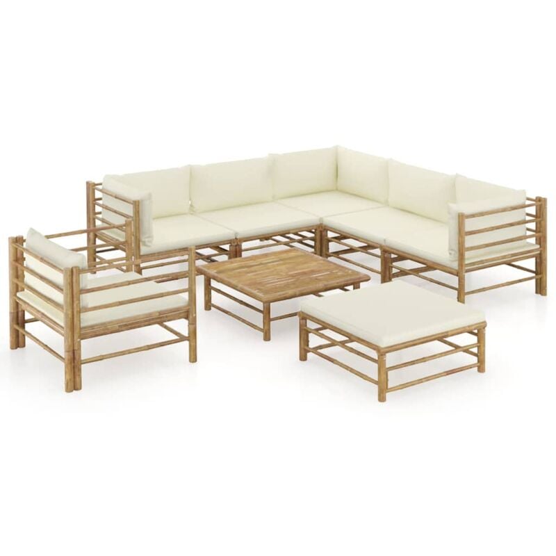 

Set de muebles de jardín 8 piezas bambú y cojines blanco crema - Marrón