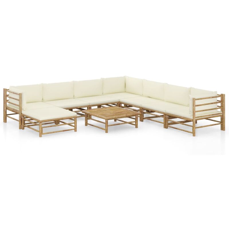 

Set de muebles de jardín 9 piezas bambú y cojines blanco crema - Marrón