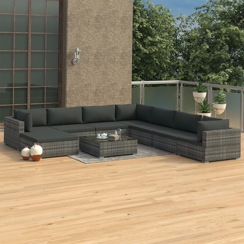 

Set de muebles de jardín 9 pzas y cojines ratán sintético gris - Gris