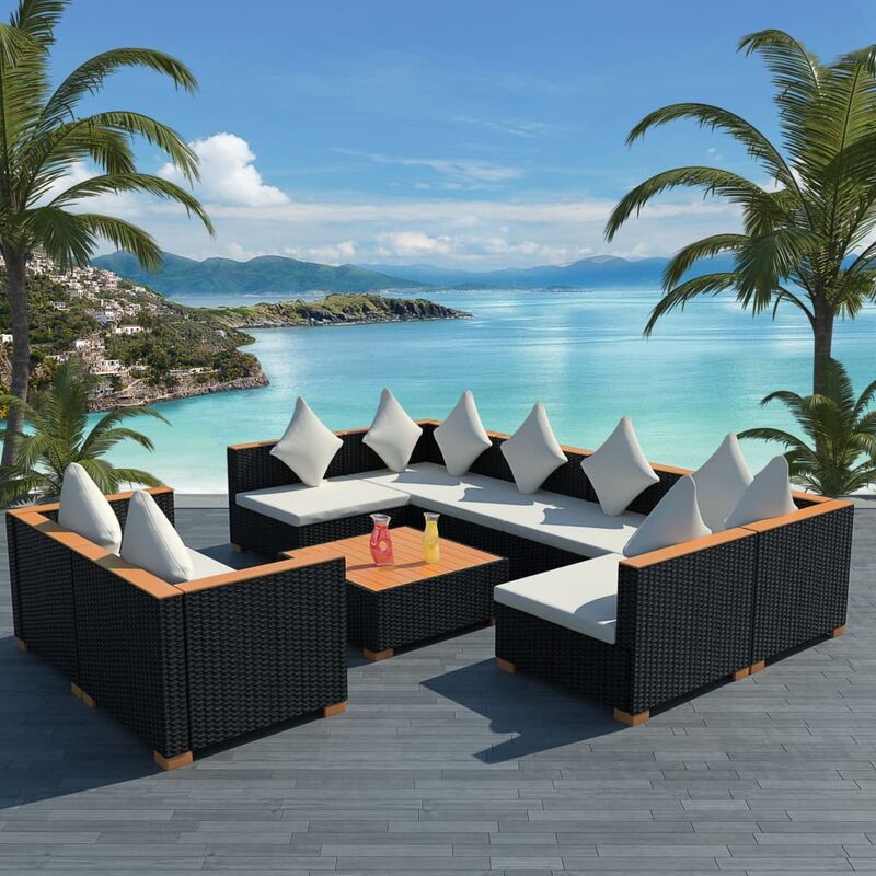 

Set de muebles de jardín 9 pzas y cojines ratán sintético negro - Negro