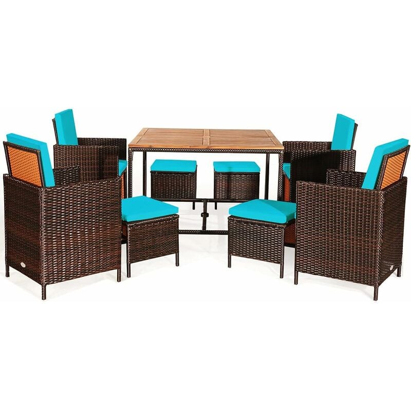 

Set de Muebles de Jardín de 9 Piezas Set de Comedor con Sillones de Mimbre y Otomanas Set Conversación Salva Espacio con Cojines Removibles para