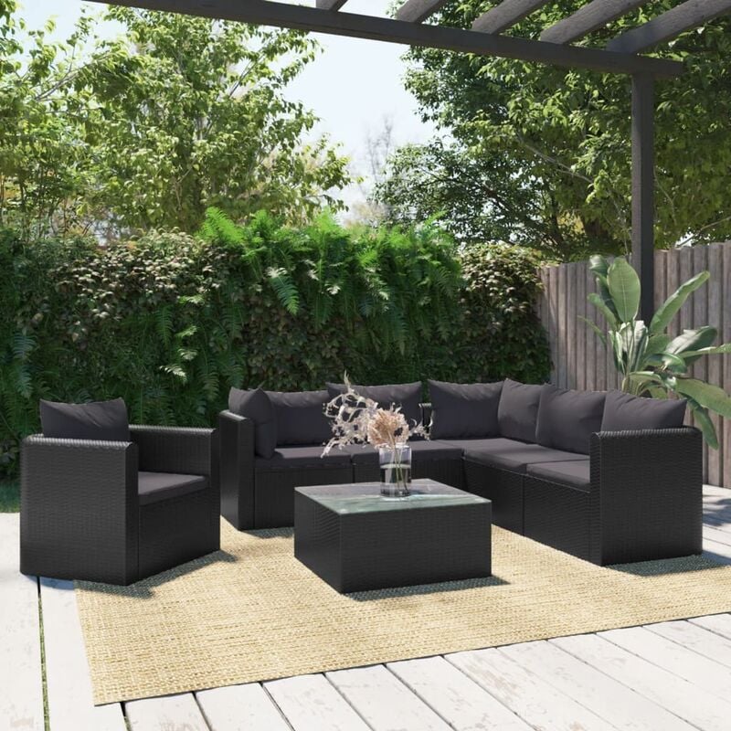 

Set de muebles de jardín y cojines 7 pzas ratán sintético negro - Negro