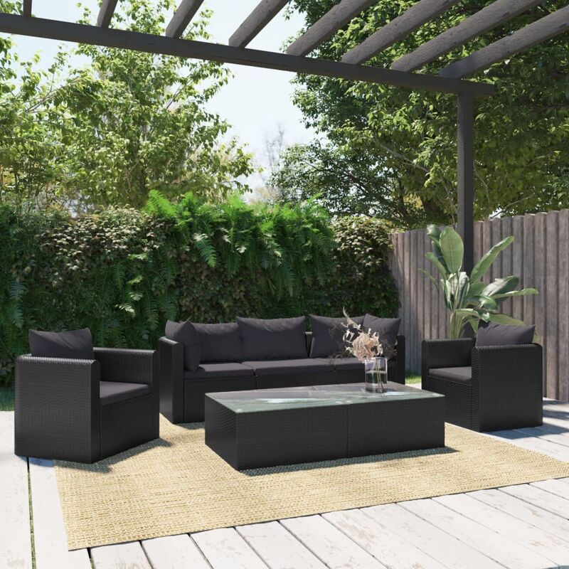 

Set de muebles de jardín y cojines 7 pzas ratán sintético negro - Negro