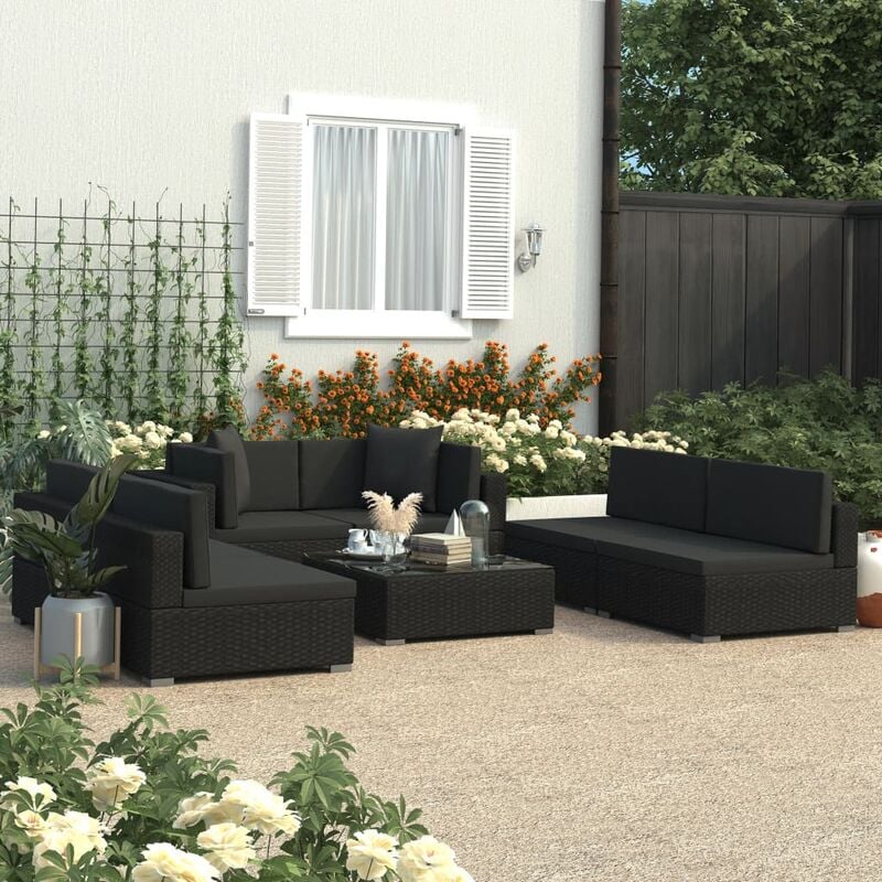 

Set de muebles de jardín y cojines 7 pzas ratán sintético negro - Negro