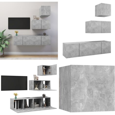 Set de muebles de salón 4 pzas madera ingeniería gris hormigón - Mueble de TV - Armario de TV
