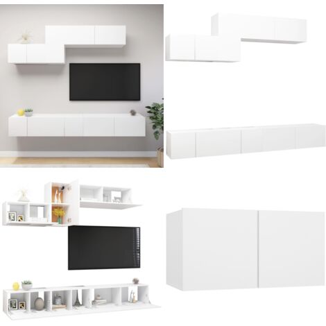 Set de muebles de salón TV 6 piezas madera de ingeniería blanco - Muebles de TV - Muebles de pared