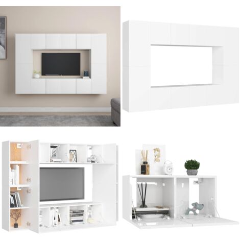 Set de muebles de salón TV 8 piezas madera de ingeniería blanco - Muebles de TV - Muebles de madera
