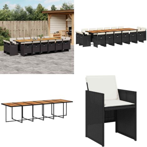 Set de muebles jardín 17 pzas con cojines ratán sintético negro - Sillas de jardín - Mesa de jardín