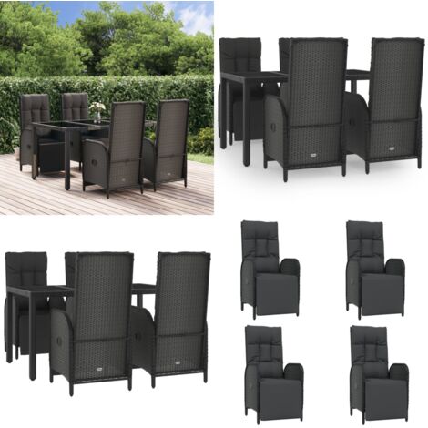 Set de muebles jardín 5 pzas con cojines ratán sintético negro - Comedor exterior - Sillas reclinables