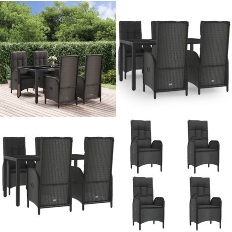 Set de muebles jardín 5 pzas con cojines ratán sintético negro - Comedor exterior - Sillas reclinables