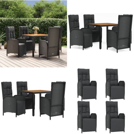 Set de muebles jardín 5 pzas con cojines ratán sintético negro - Comedor exterior - Sillas reclinables