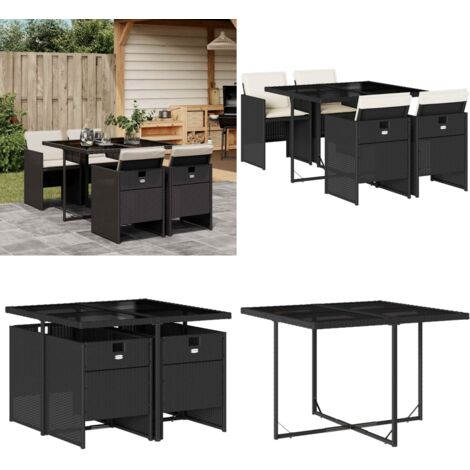 Set de muebles jardín 5 pzas con cojines ratán sintético negro - Sillas de jardín - Mesa de jardín