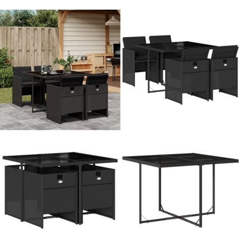 Set de muebles jardín 5 pzas con cojines ratán sintético negro - Sillas de jardín - Mesa de jardín