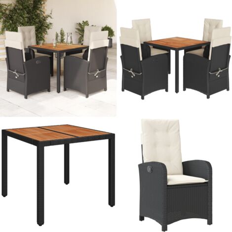 Set de muebles jardín 5 pzas con cojines ratán sintético negro - Sillas de jardín reclinables - Cojines para sillas