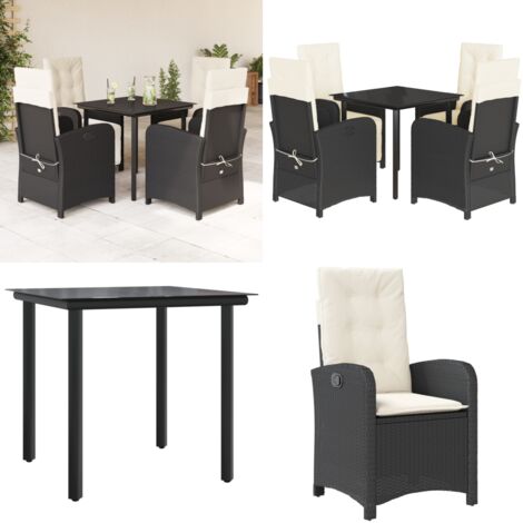 Set de muebles jardín 5 pzas con cojines ratán sintético negro - Sillas de jardín reclinables - Cojines para sillas
