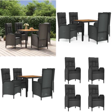 Set de muebles jardín 5 pzas con cojines ratán sintético negro - Sillas de jardín reclinables - Mesa de jardín