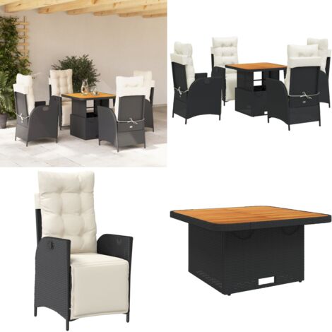 Set de muebles jardín 5 pzas con cojines ratán sintético negro - Sillas de jardín reclinables - Mesa de jardín elevable