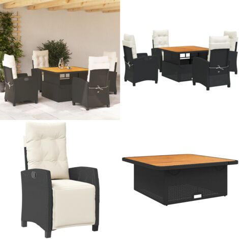 Set de muebles jardín 5 pzas con cojines ratán sintético negro - Sillas de jardín reclinables - Mesa de jardín elevable