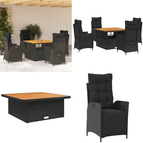 Set de muebles jardín 5 pzas con cojines ratán sintético negro - Sillas de jardín reclinables - Mesa de jardín elevable