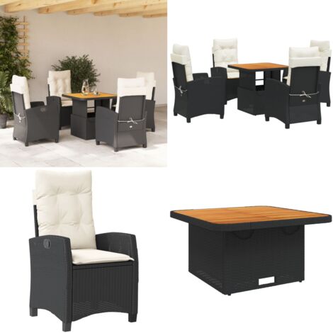 Set de muebles jardín 5 pzas con cojines ratán sintético negro - Sillas de jardín reclinables - Mesa de jardín elevable