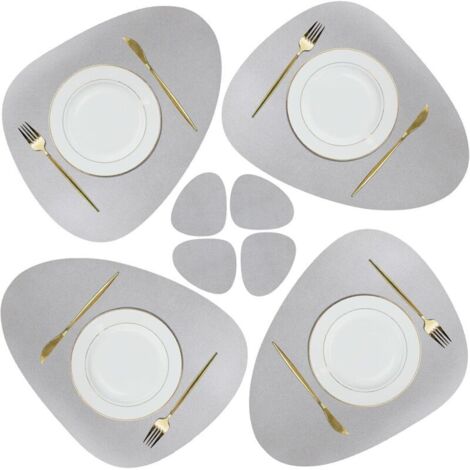 Set de Napperon et sous-Verres en Cuir, Tapis de Table de Noël Antidérapants Essuyables Imperméables pour Cuisine Intérieure Table à Manger Restaurant Fête Barbecue Extérieur (Gris Clair)