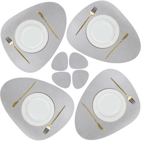 Set de Napperon et sous-Verres en Cuir, Tapis de Table de Noël Antidérapants Essuyables Imperméables pour Cuisine Intérieure Table à Manger Restaurant Fête Barbecue Extérieur (Gris Clair)