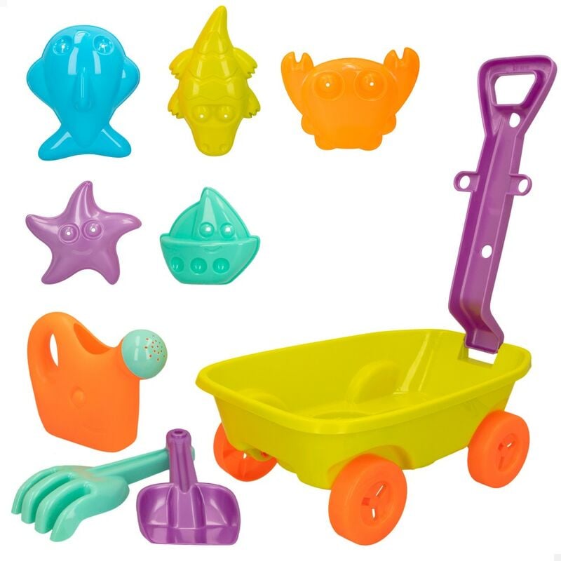 

Set de playa: carretilla 40 cm, pala, rastrillo, regadera y 5 moldes