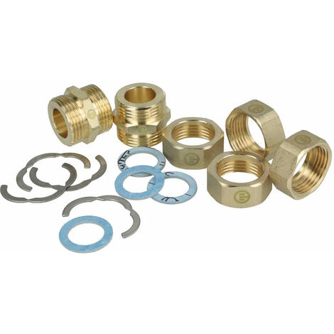 Set de raccords F3/4'' DN16 pour tuyau ondulé solaire – 4 écrous tournants femelle 20/27 – 2 mamelons mâle-mâle 20/27 – 4 joints d'étanchéité