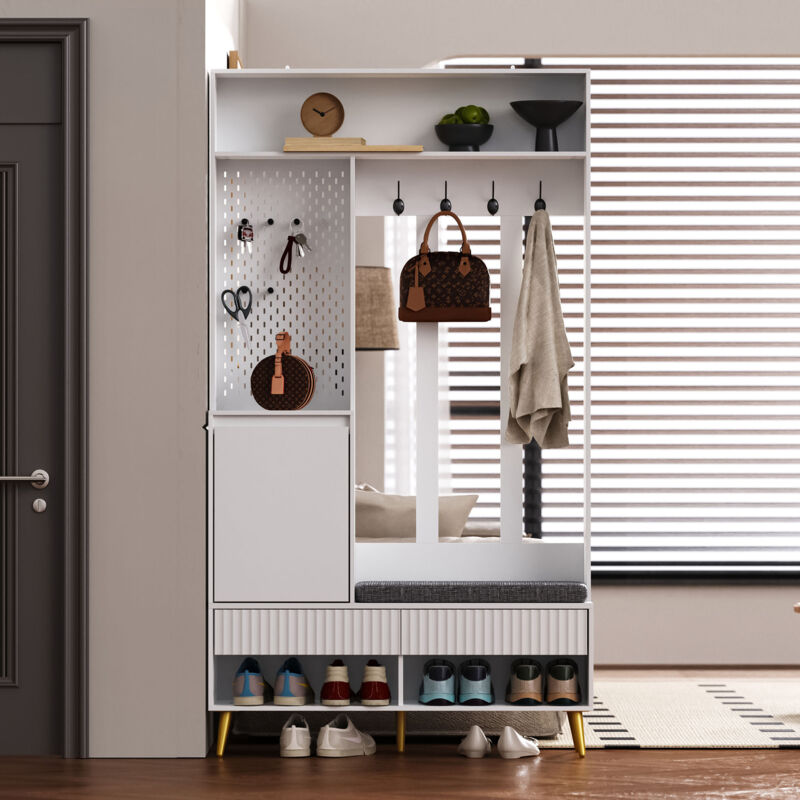 Set de rangement pour entrée avec porte,4 crochets,2 tiroirs et banc à chaussures,Meuble de rangement pour entrée Blanc,100x35x180 cm