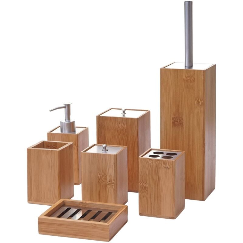 Set de salle de bains, 7 pièces HHG 786, accessoires de bain, distributeur de savon, bambou