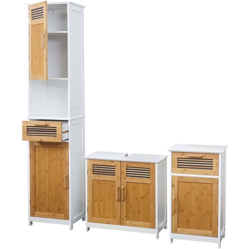 HHG - Set de salle de bains 145, armoire commode meuble sous-lavabo, bambou, blanc HHG - Set de salle de bains 145, armoire commode meuble sous-lavabo, bambou, blanc