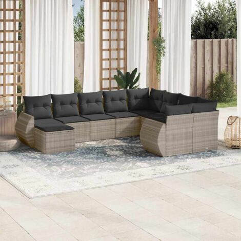 Set de salon de jardin 10 pièces en résine tressée gris clair avec coussins amovibles et rangements