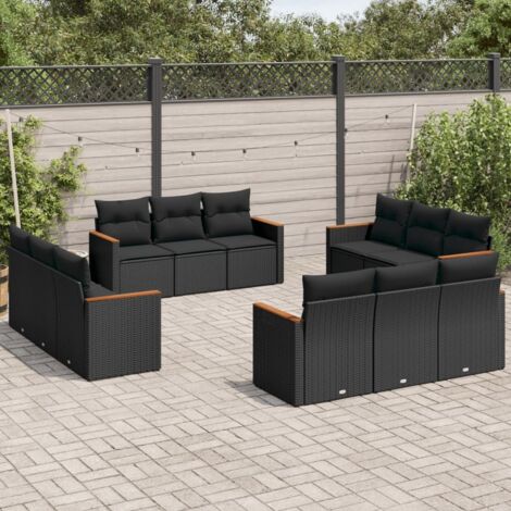 Set de Salon de Jardin 12 Pièces en Résine Tressée Noir avec Coussins Amovibles, Modulaire et Résistant aux UV, Capacité 110kg par Siège