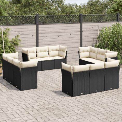 Set de Salon de Jardin 12 Pièces Noir en Résine Tressée avec Coussins Blanc Crème - 8 Coins & 4 Centraux, Stockage Intégré