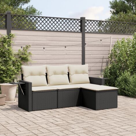 Set de Salon de Jardin 4 Places en Résine Tressée Noir avec Coussins Crème, Modulable, Tables d'Appoint Intégrées