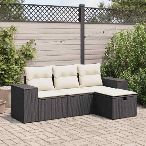 Set de salon de jardin 4 places en résine tressée noire avec coffres et coussins amovibles