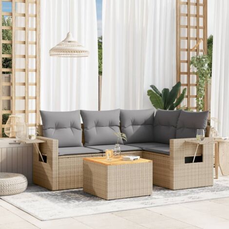 Set de salon de jardin 5 pièces avec coussins en résine tressée beige, 4 canapés modulables et table en acacia, 110 kg/place, housses lavables, UV résistant