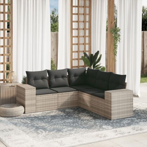 Set de salon de jardin 5 places en résine tressée gris clair avec coffre rangement et coussins amovibles