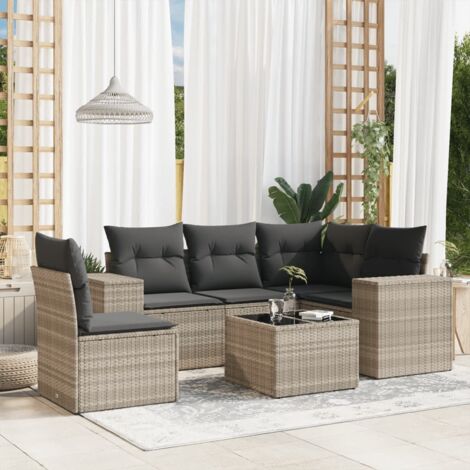 Set de salon de jardin 6 places en résine tressée gris clair avec coussins assortis et table verre trempé