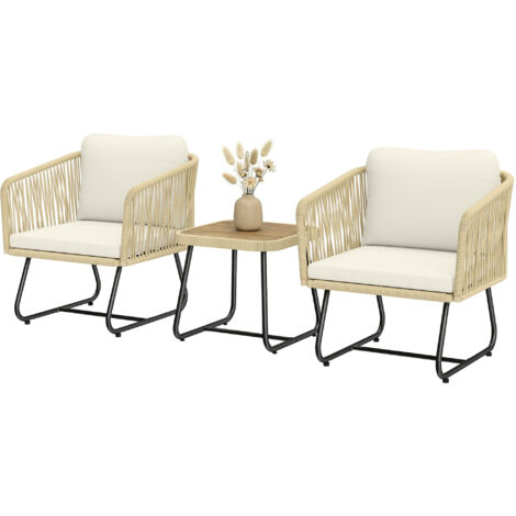 Set de salon de jardin en rotin FSC 3 pièces : 2 fauteuils, table en bois lamellé, coussins épais lavables, cadre en acier