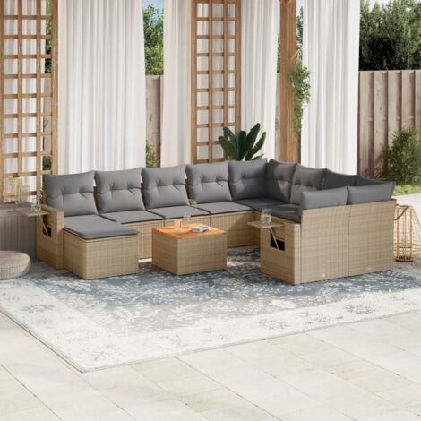 Set de salon de jardin modulaire 10 pièces beige avec coussins en résine tressée 9 places avec table basse et repose-pieds