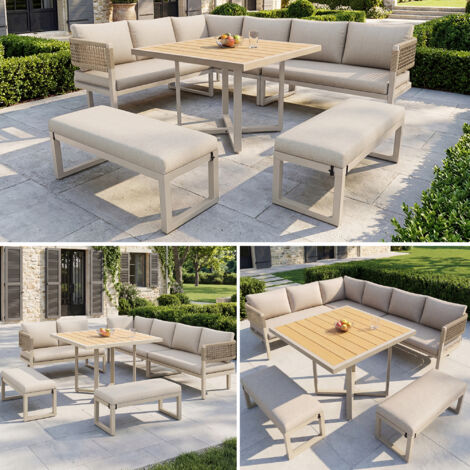 Set de salon de jardin pour 8-10 personnes, canapé extérieur avec grande table de repas en bois composite, corde tressée, grande table aspect bois, pieds réglables, tous coussins d'assise et dossier i