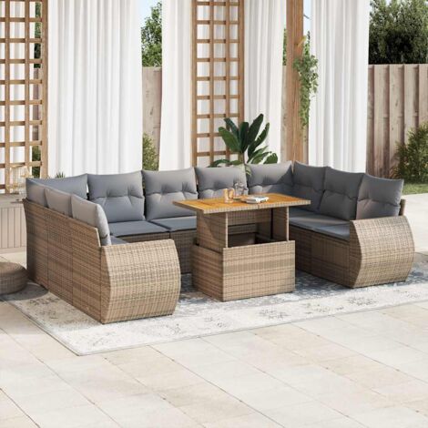 Set de Salon de Jardin Résine Tressée 10 Places avec Coussins Beige Gris et Table Réglable - ManoMano