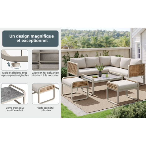 Set de salon en rotin pour 6 à 7 personnes, canapé d’angle structure fer galvanisé, pieds ajustables, comprend tous coussins, couleur beige.