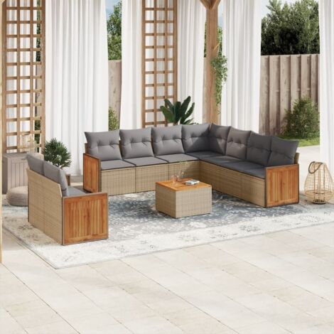 Set de Salon Jardin Modulable 10 Places + 10 Coussins Gris/Beige en Résine Tressée Polyrotin avec Table Acacia et Rangement