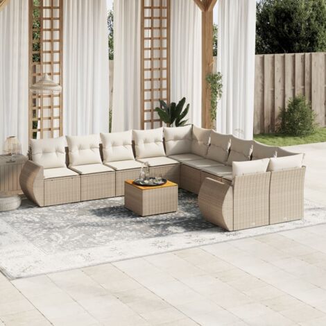 Set de Salon Jardin Modulable 11 Pièces en Résine Tressée Beige avec Coussins Gris, Table en Acacia
