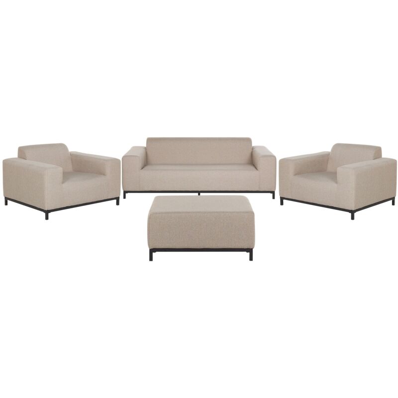 Salon Intérieur ou Extérieur 5 Places Canapé 2 Fauteuils et Pouf Ottoman en Tissu Beige Cadre Noir Assise Confortable et Élégance Intemporelle Beliani