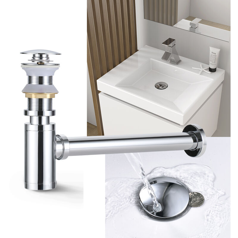 

Set de Siphon + Pop Up Rebondir pas de Trop-plein pour Evier Lavabo, Bonde de Vidage Push Open pour Lavabo, Laiton