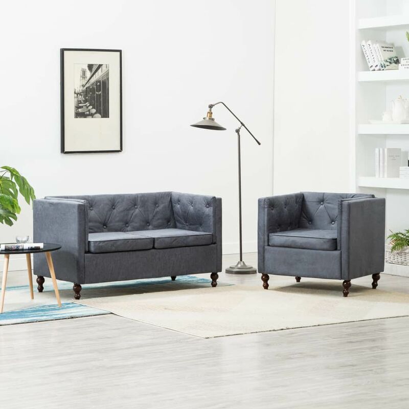 

Happyshopping - Set de sofa Chesterfield 2 piezas tapizado de tela gris